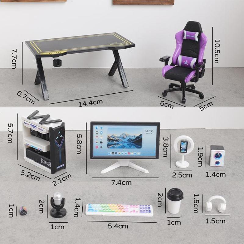 Tiny Gaming Desk Chair Set 1/12 Dollhouse Size with Simulated Monitor Host Model for Doll House Collection DIY Decor