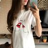 Summer Kawaii Red Kiss Print Harajuku Women Casual O Neck Short Sleeve White T Shirt Tops