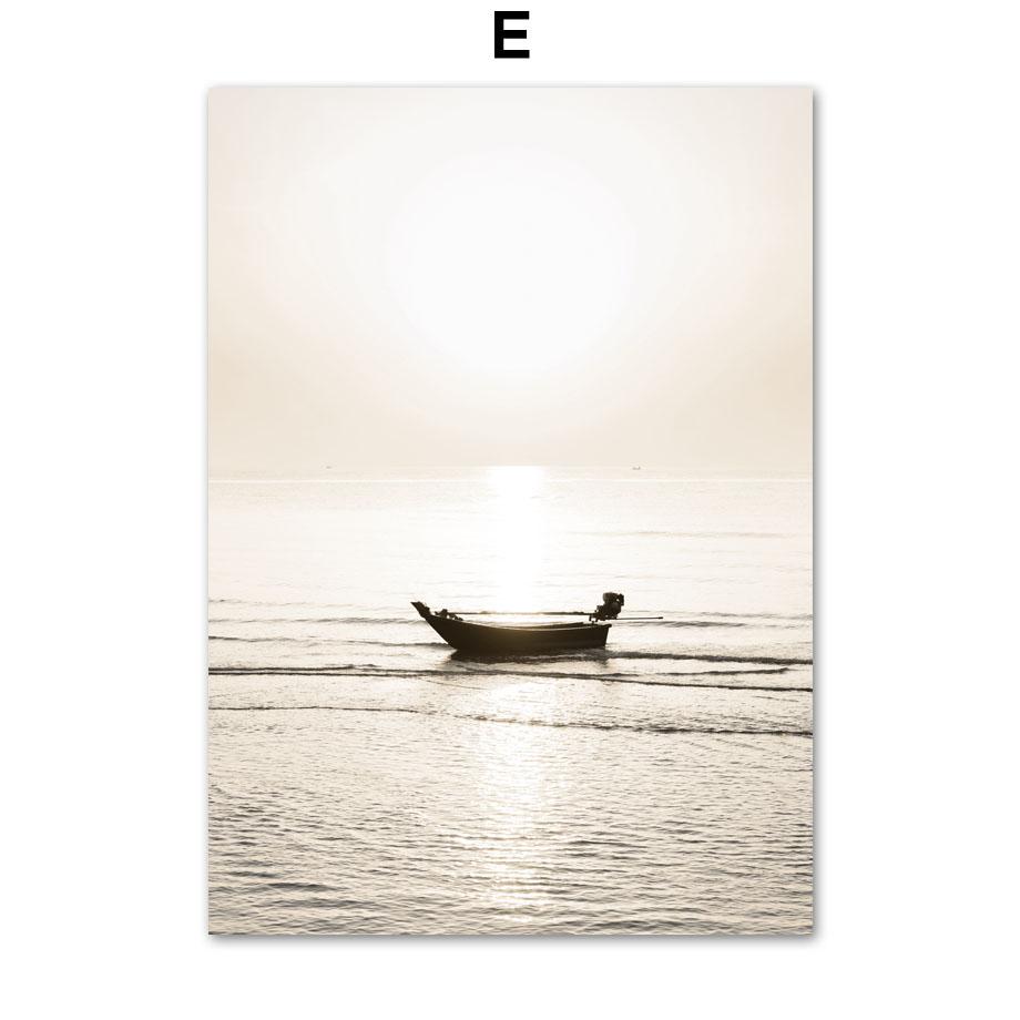 Wall Art Print Sunrise Beach Walk Birds Palm Leaf Reed Boat Pearl Canvas Painting Nordic Poster Decor Pictures For Living Room