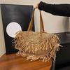 Women Stylish Knit Shoulder Bag with Tassel Hollowed-Out Braid Bag Wear Resist Hand Woven Beach Bag Shopper Totes