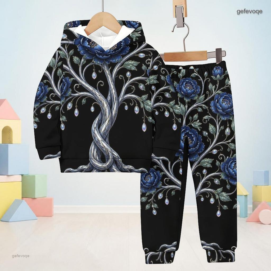 Boys Girls Black Floral Printed Hooded Long Sleeve Sweatshirt Cuffed Pants Two Piece Set