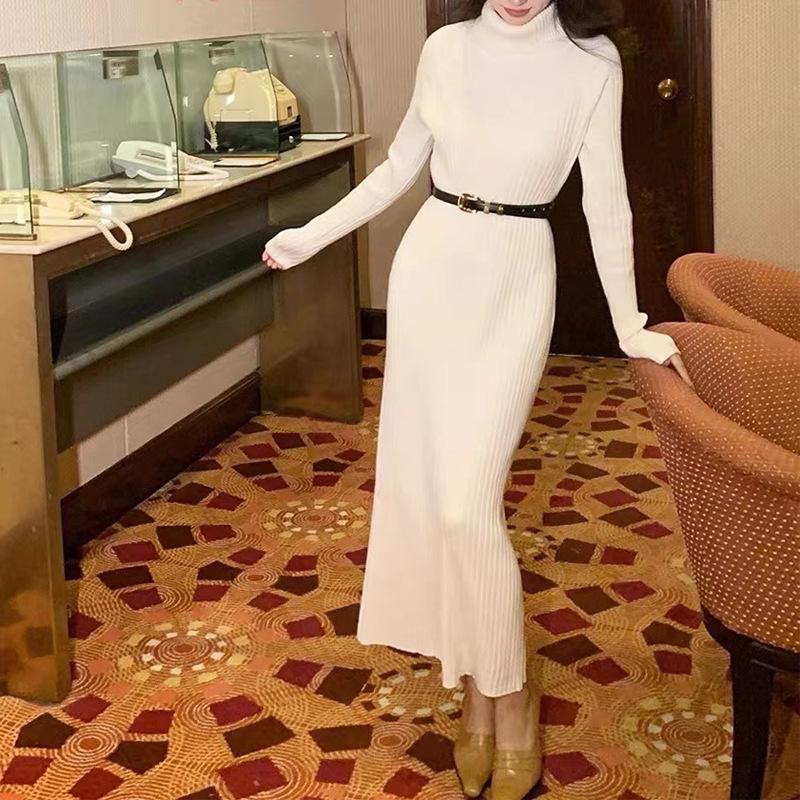 Внутреннее трикотажное платье с высоким воротом и темпераментом в качестве базовой юбки для женщин на осень и зиму, облегающая и утягивающая юбка-свитер