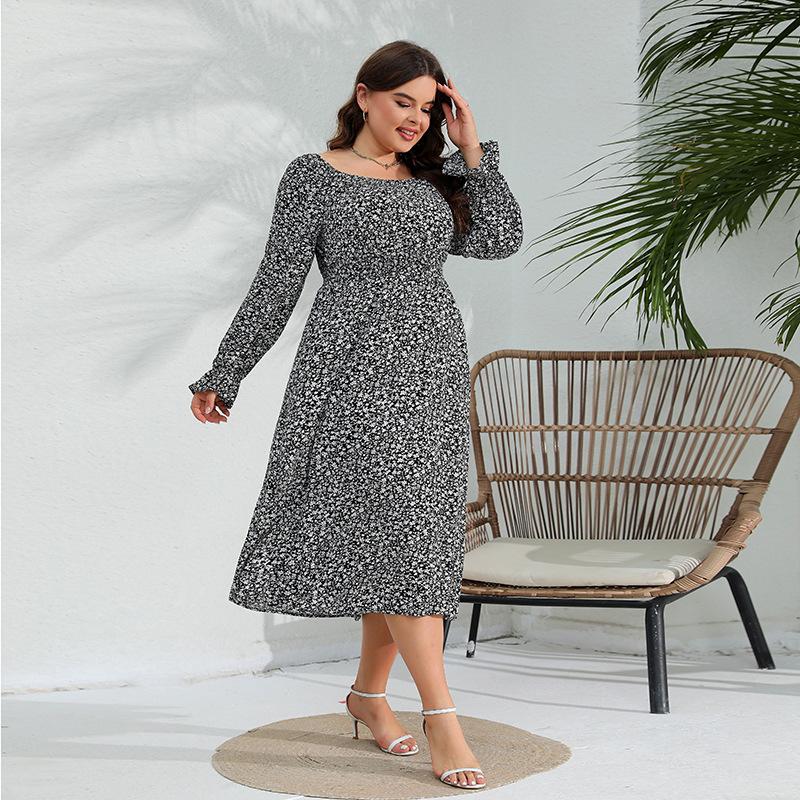 Весеннее и осеннее женское платье больших размеров, элегантные платья с цветочным принтом, длинные платья с рюшами и рукавами