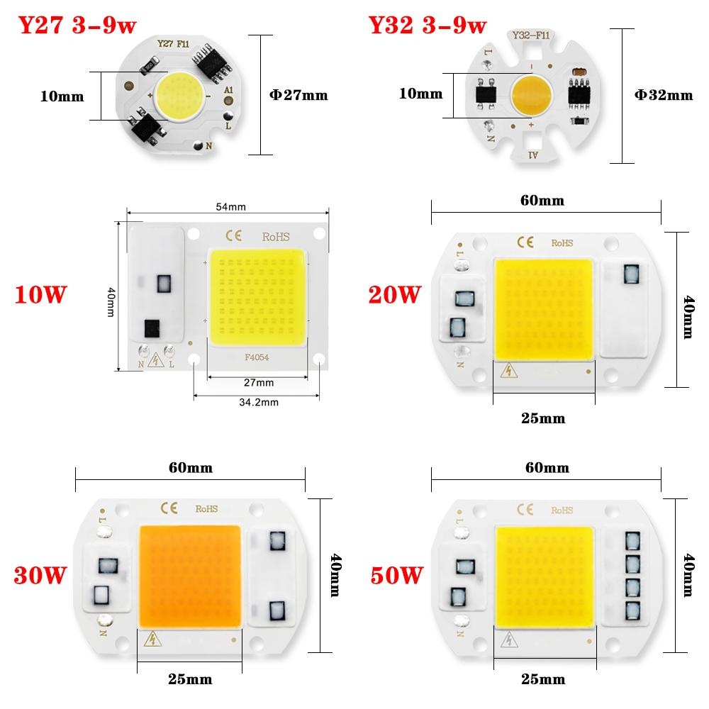Светодиодный чип COB 10 Вт 20 Вт 30 Вт 50 Вт 220 В Smart IC Не требует драйвера 3 Вт 5 Вт 7 Вт 9 Вт Светодиодная лампа для прожектора, точечного светильника, DIY освещения