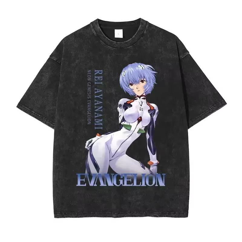Летняя одежда ЕВА Аниме Мужские футболки Streetwear Бренд Винтажные стираные Женские футболки с коротким рукавом Повседневные топы Хип-хоп