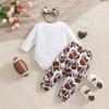 Baby Girl Cute Rugby Letter Long Sleeve Cotton Bodysuit Full Print Trousers With Hairband Outfit Set