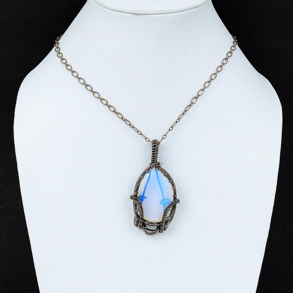 Подвеска из драгоценного камня с молочным опалом, ювелирные изделия из медной проволоки, медный кулон ручной работы, ювелирные изделия из молочного опала, уникальный кулон из проволоки, подарок для нее