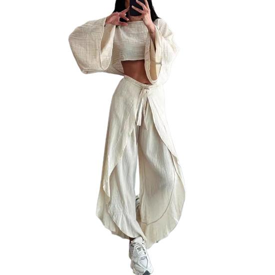 2 Pcs/Set Women Crop Top Pants Set Long Sleeve Boat Neck Short Top High Waist