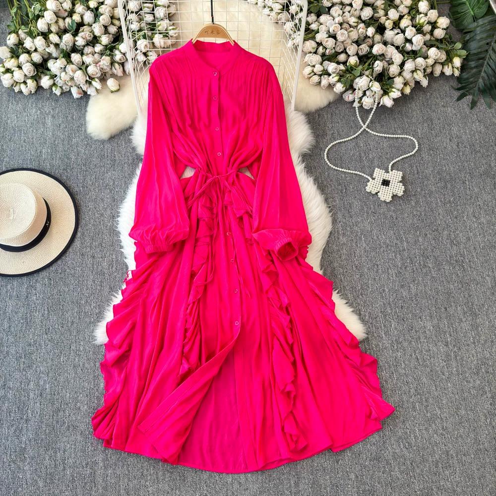 Нежный стиль, темперамент, рукава-фонарики, воротник-стойка, присборенная талия, А-силуэт, оборки по краю, шифоновое платье, элегантные большие свободные длинные платья