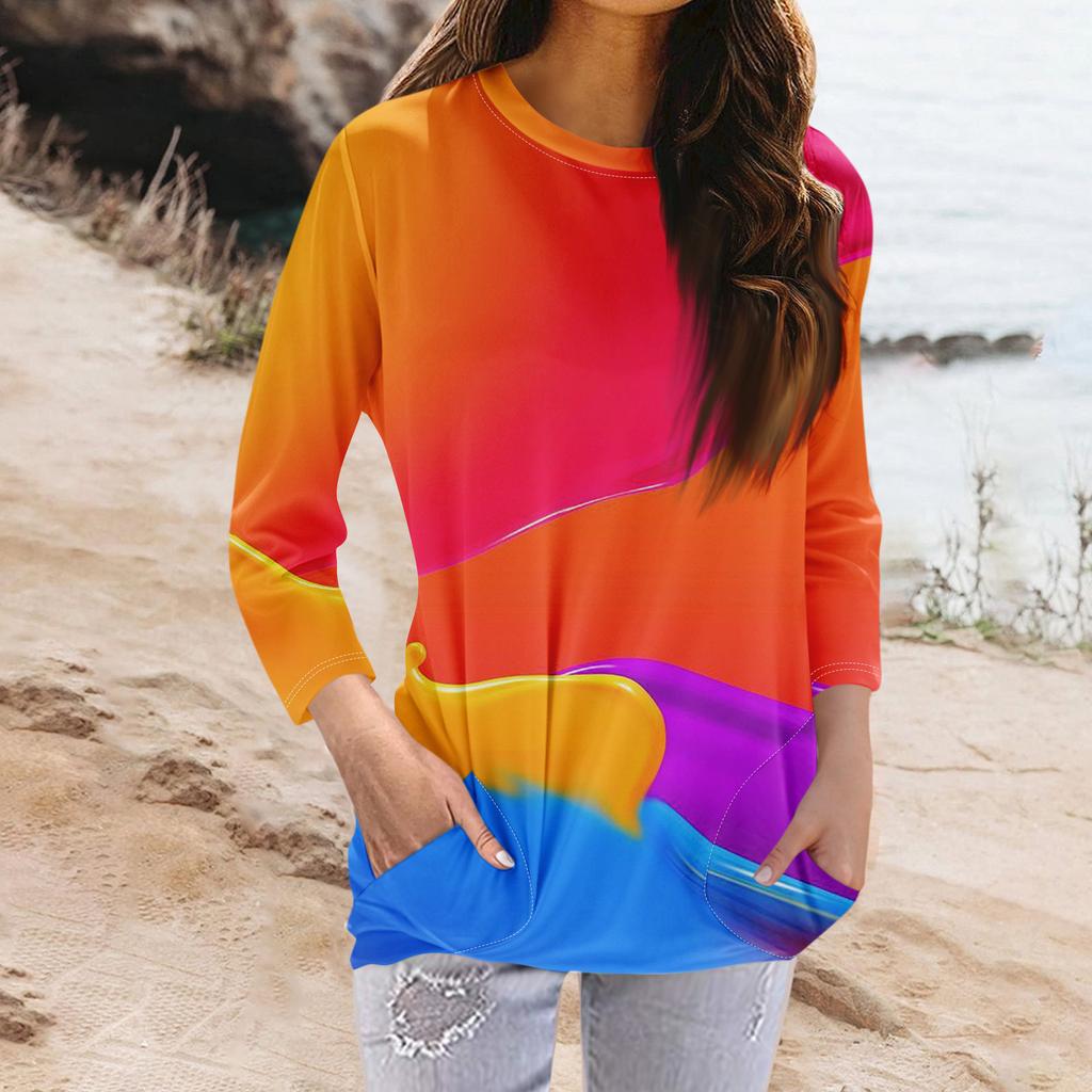 Женская модная повседневная футболка с карманом и круглым вырезом с рукавами 3/4 и топом