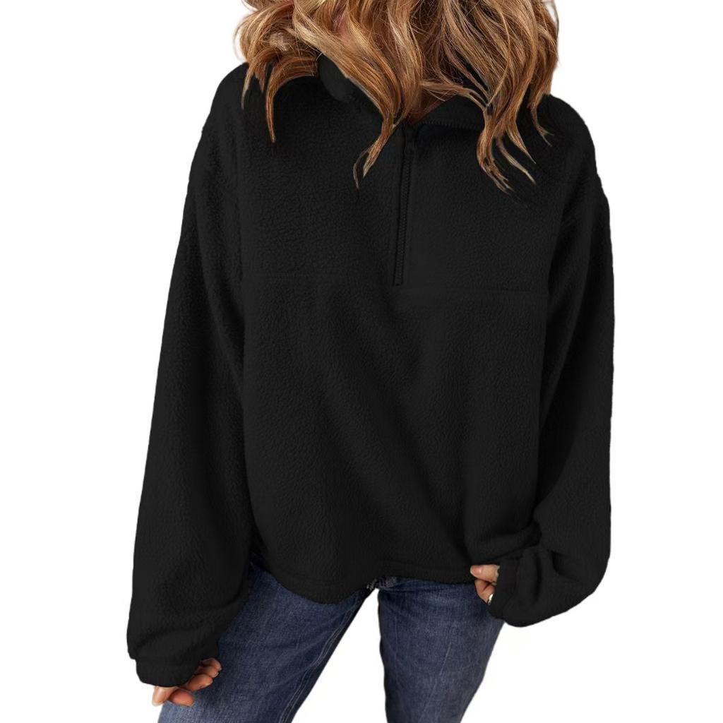 Женская мода повседневная свободная однотонная плюшевая кофта с длинным рукавом и застежкой-молнией на половину шеи