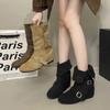 Korean Suede Retro Small Square Head Two Wear Folded Thick Heel Belt Buckle Short Boots Women's Autumn and Winter Martin Boots Short Boots