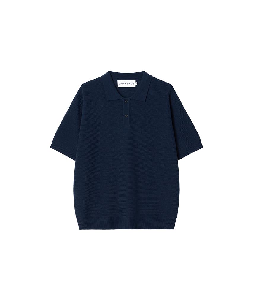 CHAMBROS Oversized Collared Short Sleeve Knit [Navy Solid]