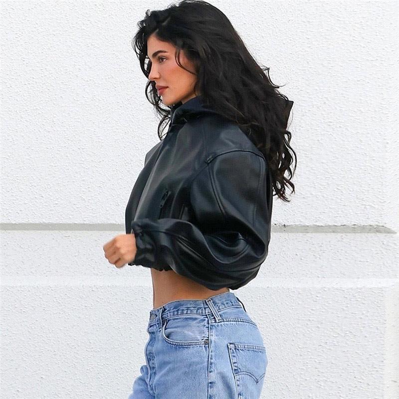 Vintage Faux Leather Zipper Crop Jackets Women Full Sleeve Pockets Hoodie Coat Autumn Hipster High Street Outwear