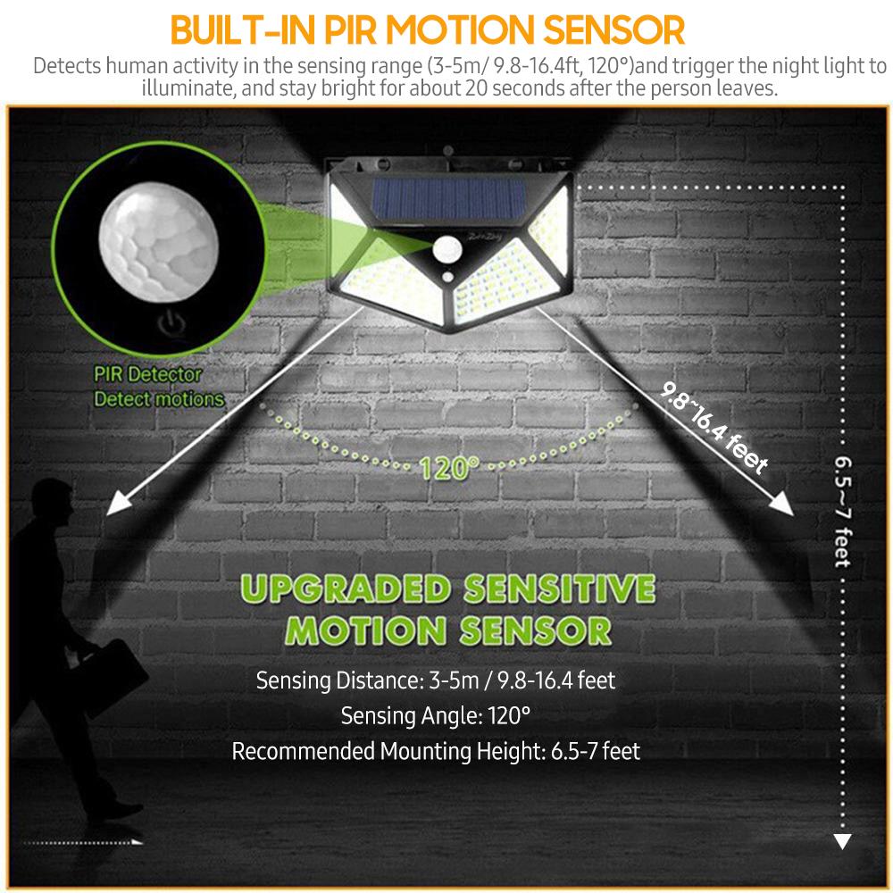 Солнечный настенный светильник с датчиком движения 100 светодиодов, уличный водонепроницаемый солнечный светодиодный настенный светильник, PIR, на солнечной батарее, ландшафтные фонари для дорожек, автоматическое включение/выключение
