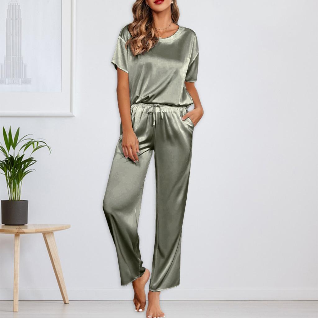Женский шелковый однотонный пижамный комплект, рубашка с коротким рукавом и длинные пижамные штаны, мягкая пижама, домашняя одежда