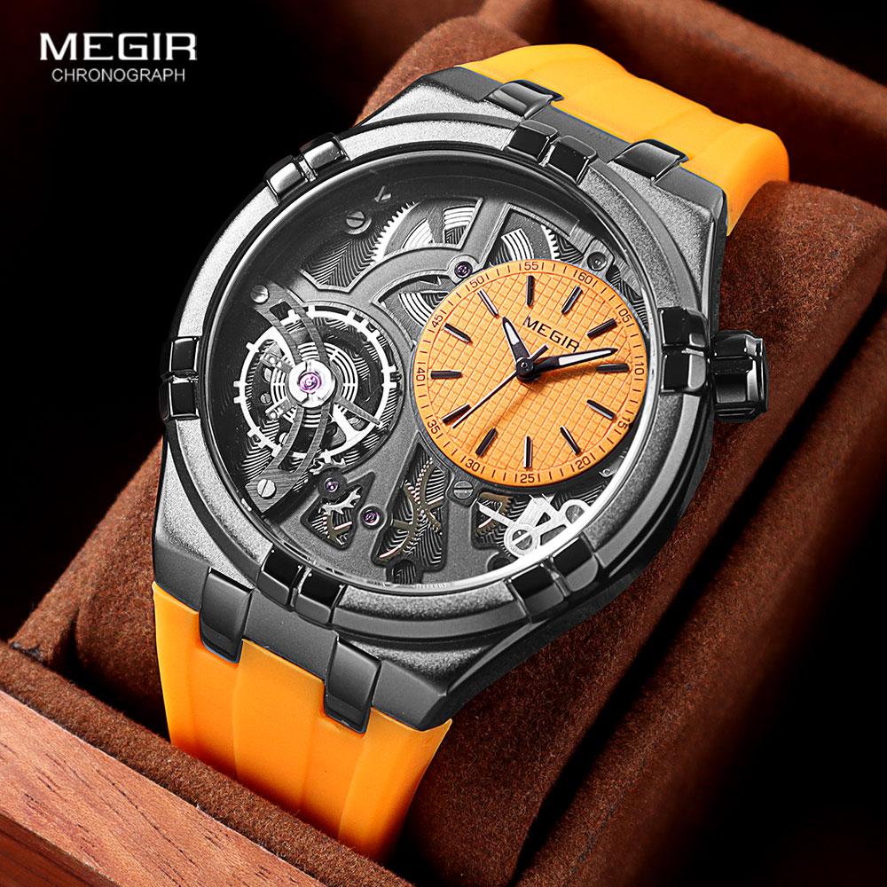 MEGIR Orange Sport Analog Watch for Men Fashion Waterproof Quartz Wristwatch with Luminous Hands Silicone Strap