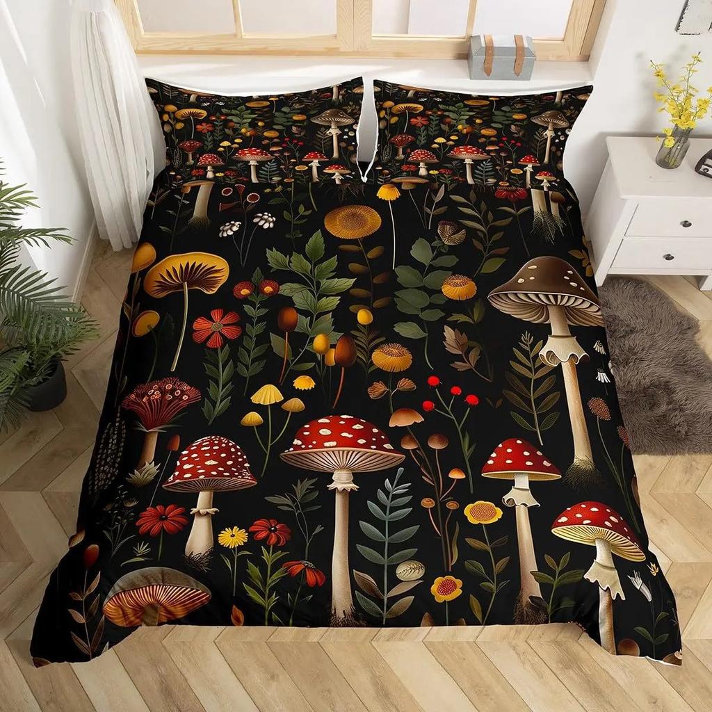 Mushroom Forest Animal Duvet Cover Set, Vintage Botanical Wildlife Bedding, 3D Printed Soft Microfiber Quilt Cover Pillowcase