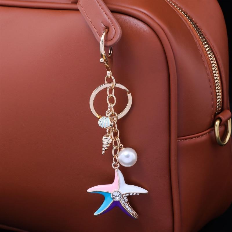 Jewelry Charm Keychain Rhinestones Encrusted Starfish and Conch Shell Pendant Keyring Handbag Accessories for Women
