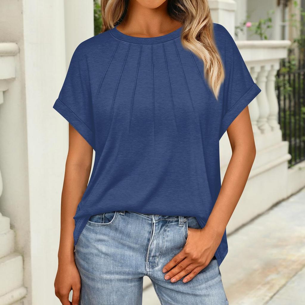 Women's Fashion Loose Casual Summer T-Shirt Pleated Short Sleeve Solid Color Top