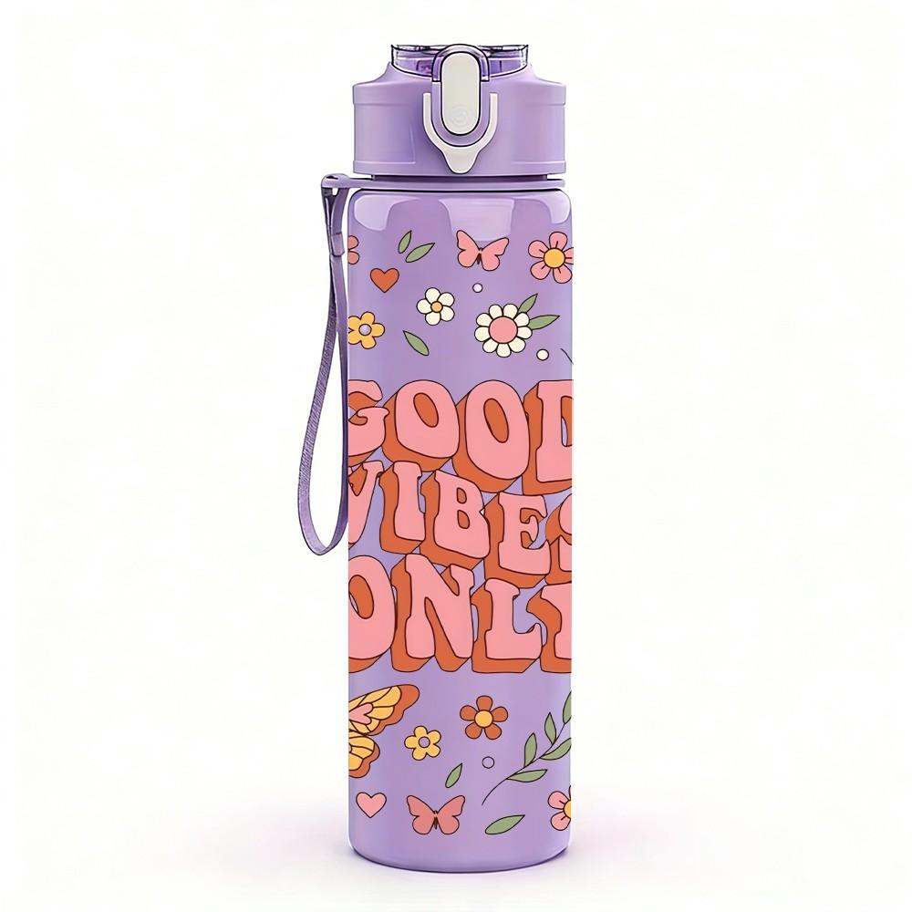 1PC Good Vibes Only Retro Floral Lettering Print 750ml Color Plastic Sports Water Bottle Leakproof Flip Straw Lid Suitable for Sports Office Home Use