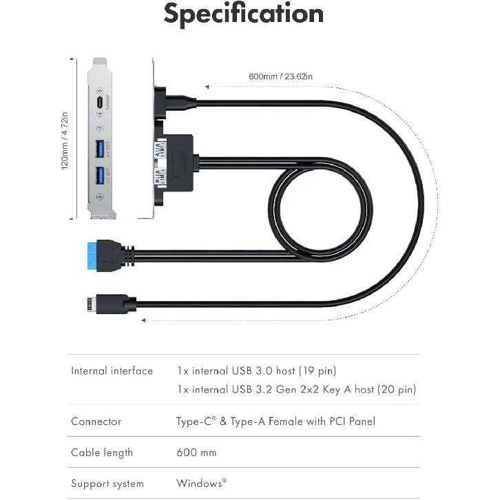 Адаптер для передней панели 20 Гбит/с USB 3.2 Gen 2x2, USB-C и USB на USB 3.2 Type-E Key-A 20-контактный и 19-контактный USB-разъемы с кронштейном PCIe
