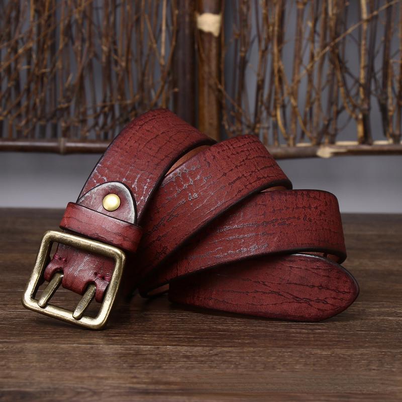 Ремень мужской в ​​корейском стиле, ретро, ​​потертый, модный, уникальный, с двойной иглой, латунная пряжка, натуральная кожа, джинсовый ремень из натуральной яловой кожи