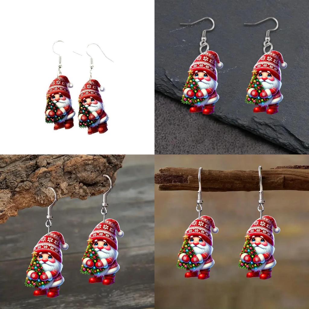 Женские акриловые серьги на рождественскую тематику с Санта-Клаусом, держащим елку, в подарок на рождественское торжество