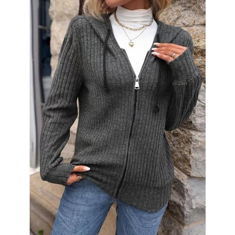 Новая осенняя повседневная полосатая куртка с капюшоном женская свободная трикотажная кардиган на молнии