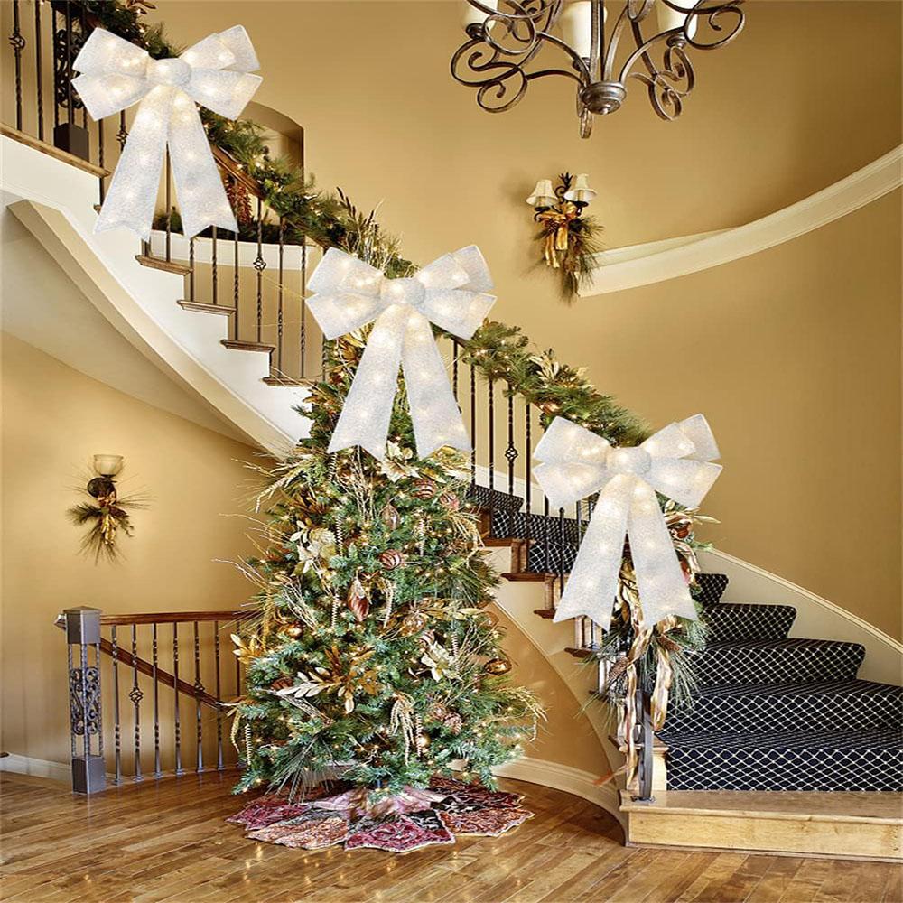 LED Christmas Bow Silver Door Window Xmas Tree Wedding Decoration Bows 15" X 21
