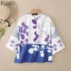 Womens Summer Stand Collar Casual 3/4 Sleeve Loose Print Blouse