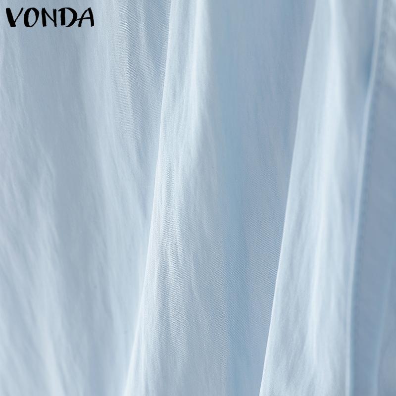 VONDA Summer Women O Neck Puff Sleeve Pleated Buttons Up Casual Blouse Tops