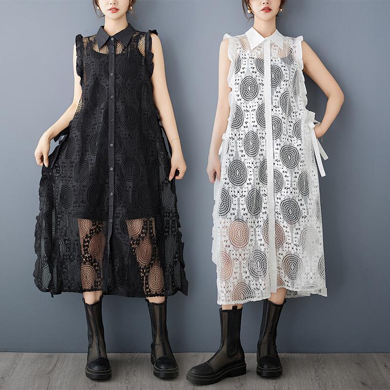 DIMANAF 2025 Новое летнее платье Женское Длинное Пляжное Платье-майка Без рукавов Базовая Мода Ажурные Футболки Повседневное Свободное