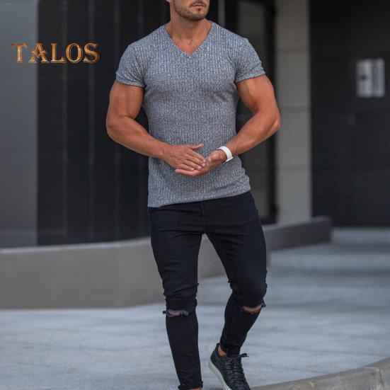 Мужская футболка с коротким рукавом и V-образным вырезом, облегающая спортивная полосатая однотонная футболка, дышащая спортивная одежда для спорта, путешествий, офиса