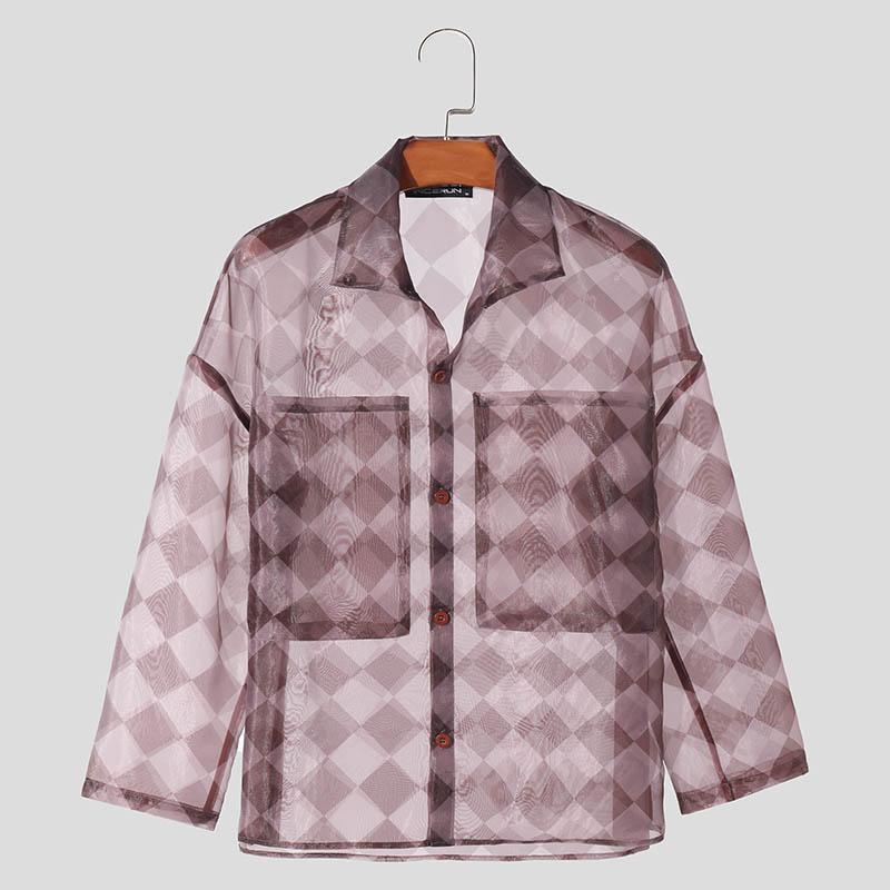 INCERUN Мужские рубашки с длинным рукавом в клетку с лацканами, прозрачные топы для вечеринок