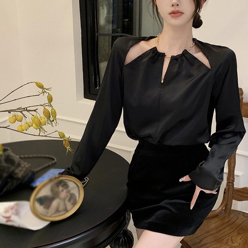 Атласные блузки с длинными рукавами для женщин, женские рубашки с открытой лямкой и круглым вырезом, однотонный пуловер, топ Blusas