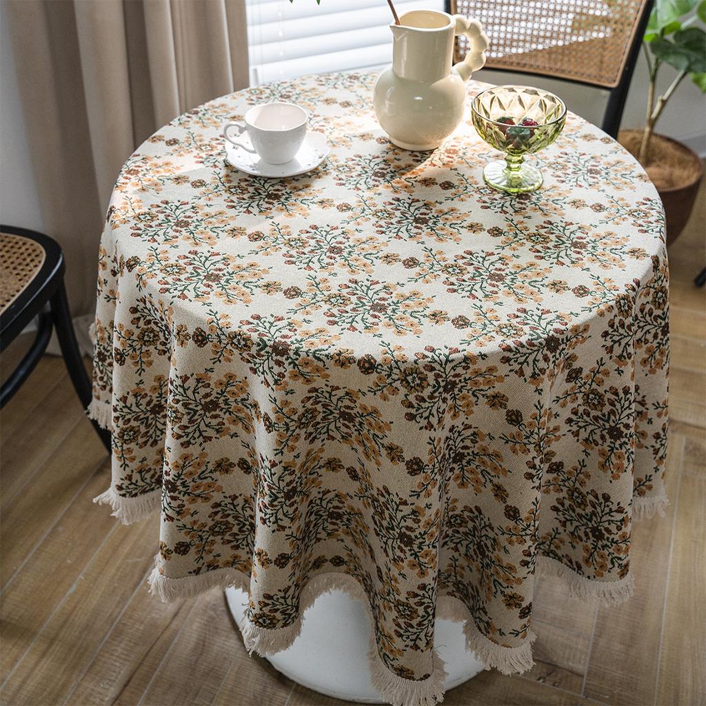 Floral Round Tablecloth with Tassels Diameter – Light Blue Polyester Jacquard Design, Decorative Lace and Fringe Detail for Dining