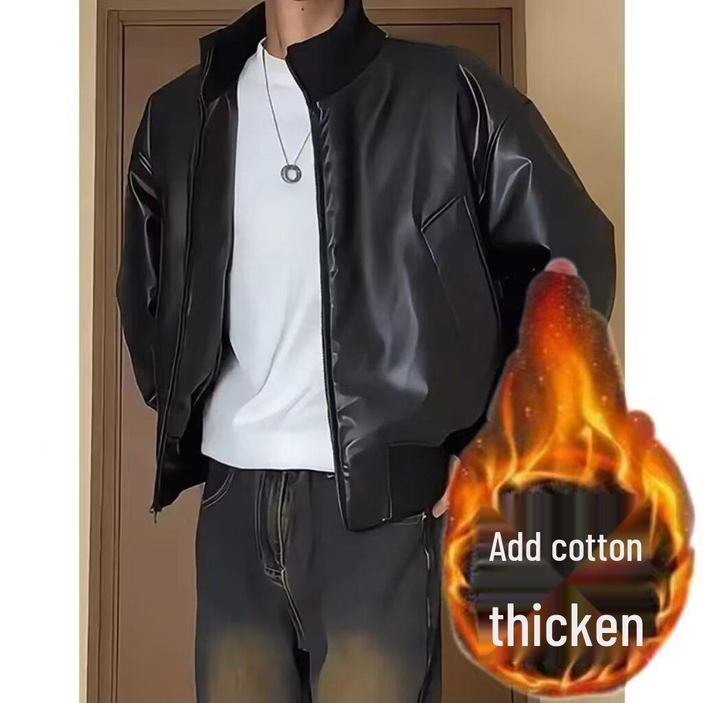 Мужская повседневная бейсбольная куртка в американском стиле - Искусственная кожа, Плотный хлопковый утеплитель