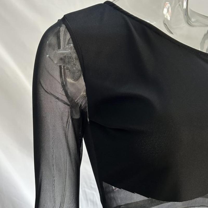 Европейский и американский диагональный воротник, расклешенные рукава, сетчатый прозрачный топ Y2K, сексуальный облегающий летний женский топ