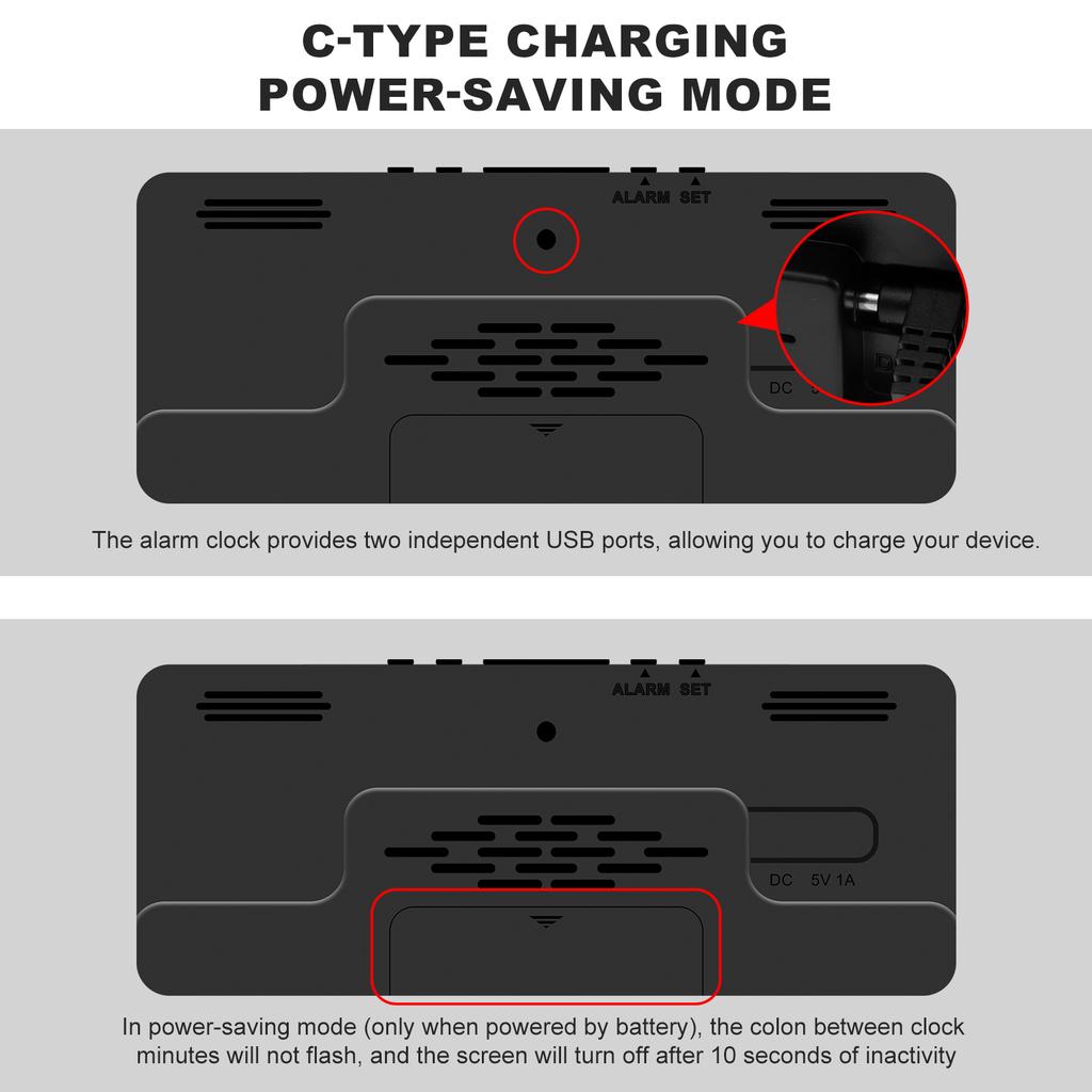 Цифровой будильник с большим светодиодным дисплеем, будильник с 5 уровнями яркости, диммируемый, с USB-портами для зарядки, регулируемые настольные часы