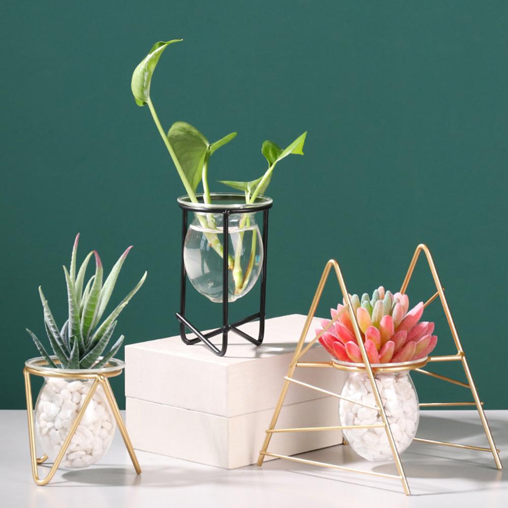 Ornament Plants Frame Hydroponic Vase Terrarium Metal Holder Glass Planter Iron Geometric Pattern