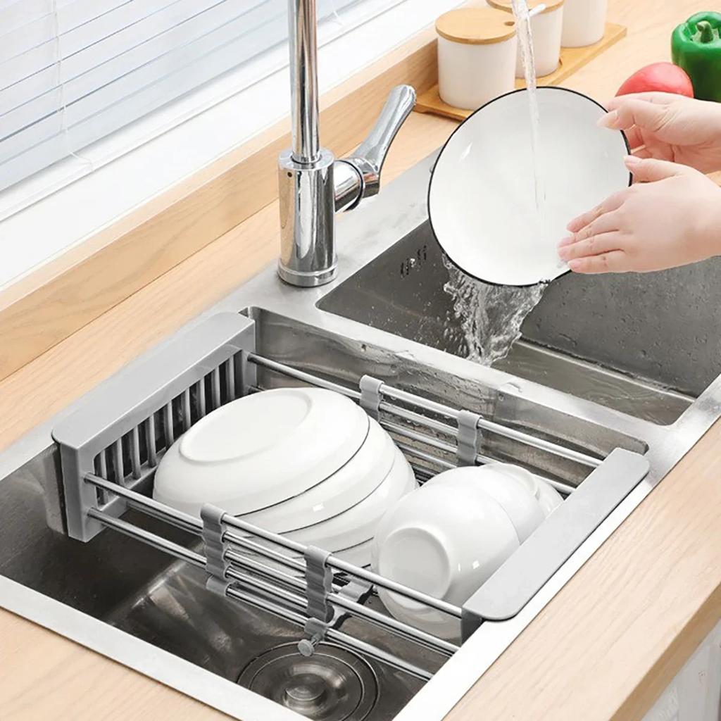 JIT+1pc Stainless Steel Retractable Drain Basket for Kitchen Sink - Multifunctional Water Tank Rack for Vegetable and Fruit - Co