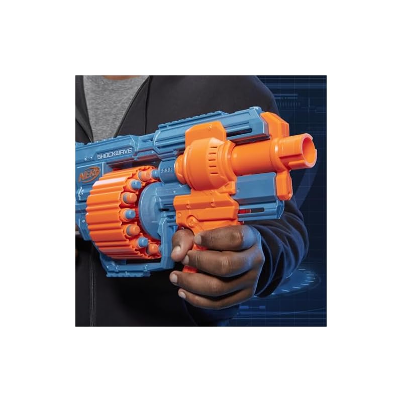 Hasbro Nerf Elite 2.0 Shockwave RD-15 Ручной бластер, Быстрая стрельба, Возраст 8+, Включает 30 официальных дротиков Elite, Вращающийся барабан на 15 дротиков +