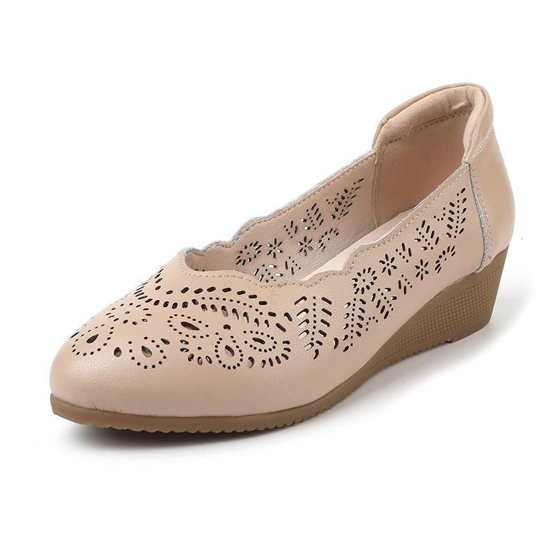 Модная GKTINOO Натуральная кожа Женские Дышащие Полые Летние Туфли Женские Балетки Слипоны Сандалии Круглый Носок Мягкая Танкетка Повседневные