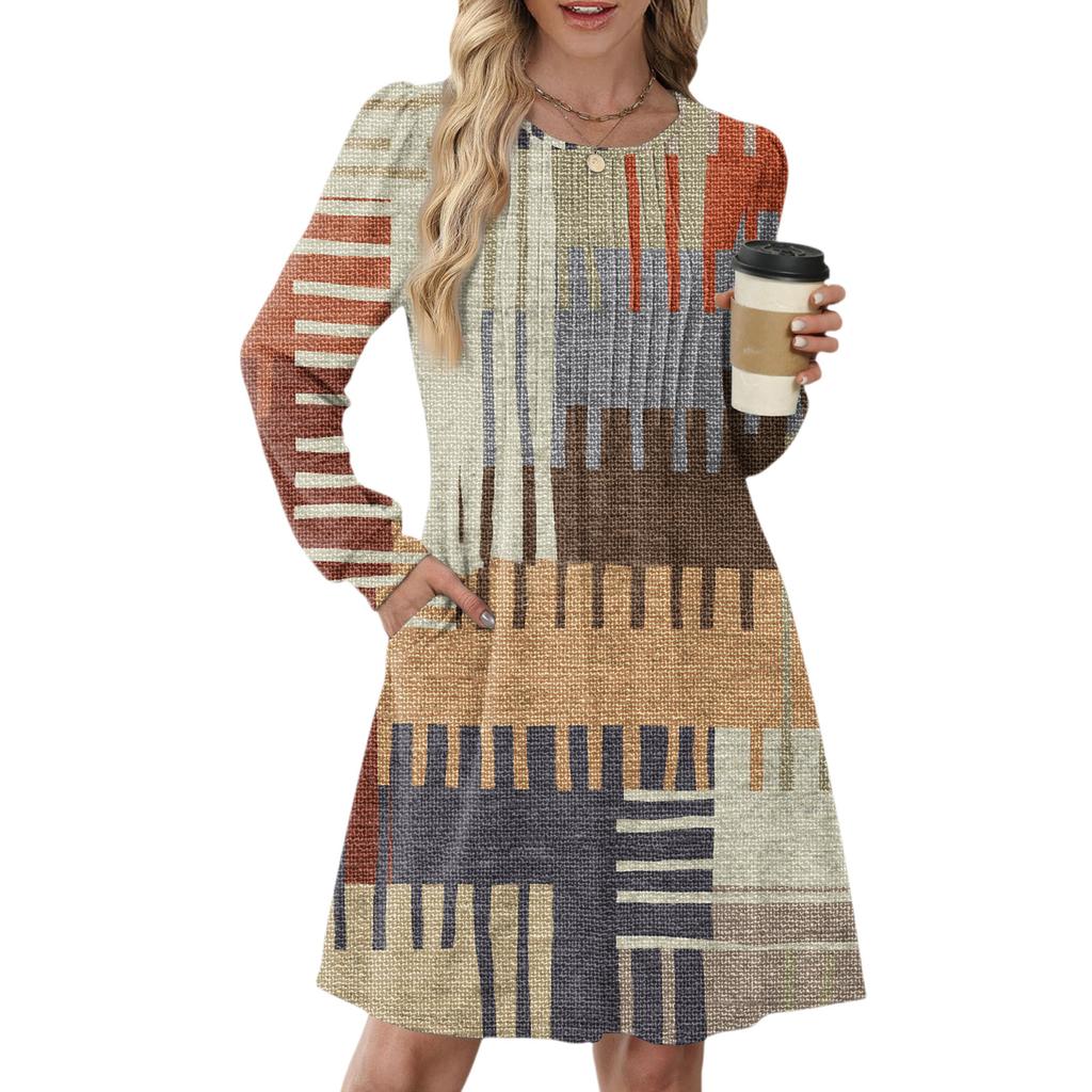 Женское повседневное платье с длинным рукавом, плиссировкой, круглым вырезом, принтом в клетку и полоску и карманами