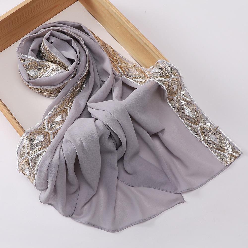 New Pearl Chiffon Embroidered Sequins Decorative Wrap Headscarf, Malaysia Indonesia Fashion Lace Ladies Scarf