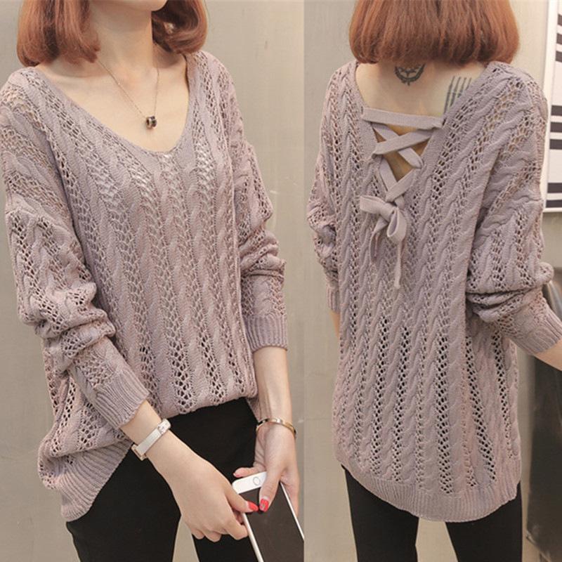 Spring and Summer Women's Hollow Knitted Sweater Loose Pullover V-neck Sweater for Women