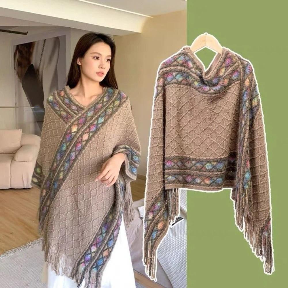 Rhombic Knitted Cape Printing Tassel Scarves Retro Imitation Cashmere Shawl Student