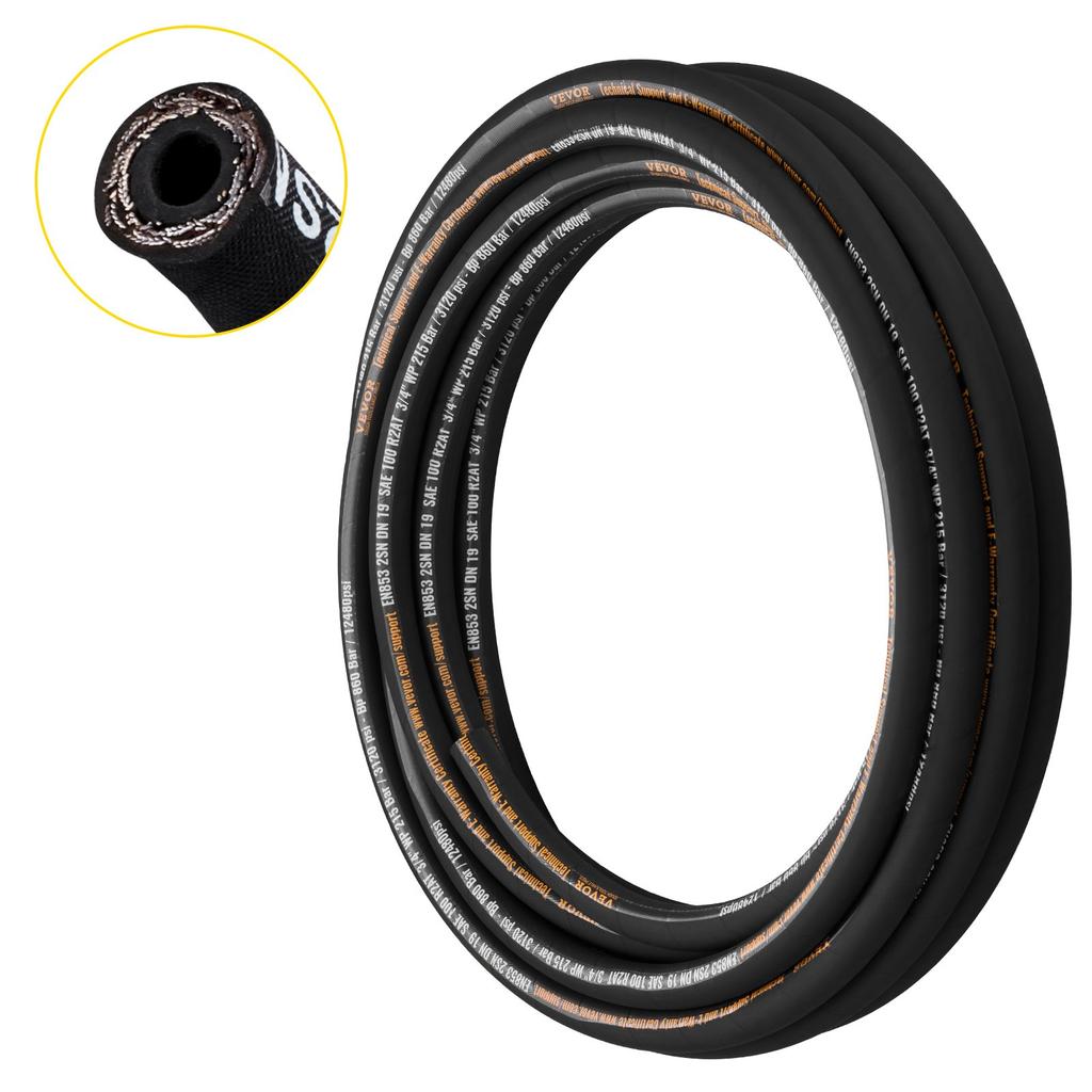 VEVOR Hydraulic Hose 3/4 inch x 50 ft, Coiled Hydraulic Hose 3120 PSI, Rubber Hydraulic Hose with 2 High-Tensile Steel Wire Braid
