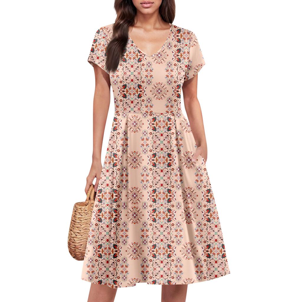 Womens Summer Dress Short Sleeve V Neck Short Dresses Fashion Casual Flowy A Line Swing Sundress With Pocket